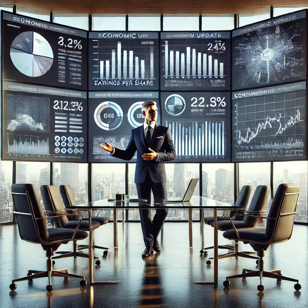 A confident financial analyst in a modern office, dressed in a tailored suit, delivers a market update. He gestures toward large digital screens displaying various financial data, including charts and graphs on market trends, earnings growth, and consumer spending rates. The setting is polished and professional, with floor-to-ceiling windows overlooking a city skyline, creating an atmosphere of high-level economic analysis and strategic planning.