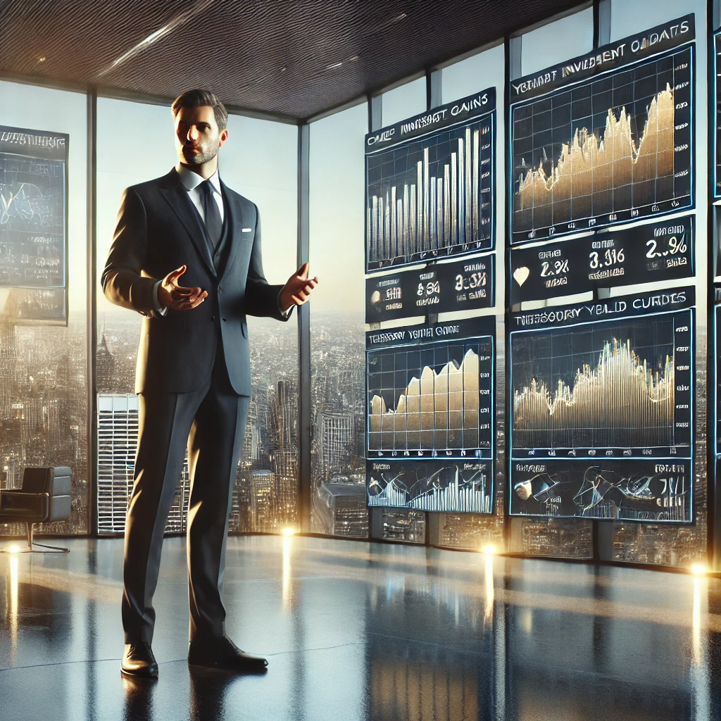An Outsourced Chief Investment Officer in a modern office, standing in front of large digital screens displaying charts and graphs of the stock market, bond indices, and treasury yield curves, with a city skyline visible through the windows in the background. The OCIO is discussing investor lessons from a volatile summer market.