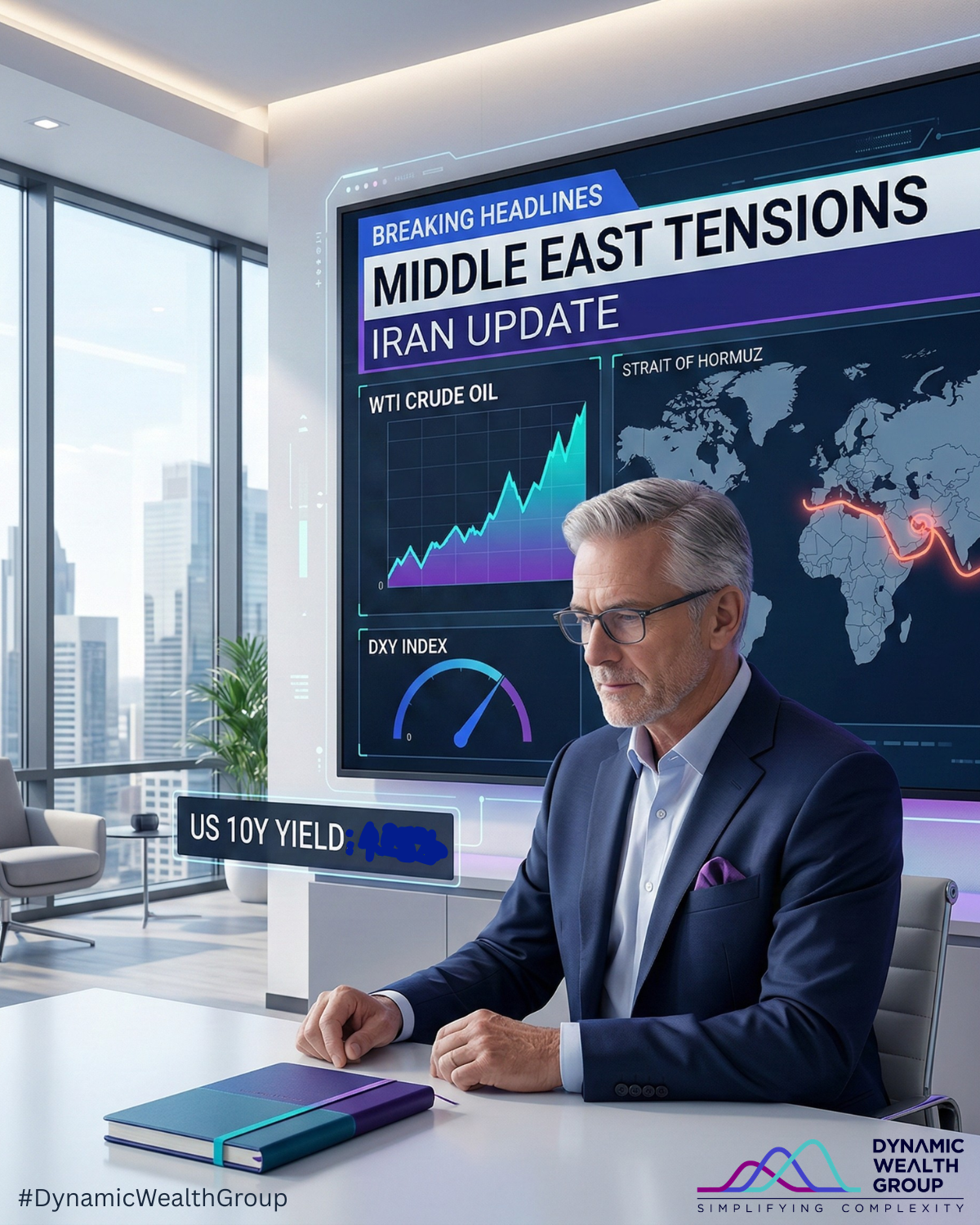 Dynamic Market Update – Iran Update graphic showing a financial professional in a modern office reviewing a large screen with “Middle East Tensions” and “Iran Update,” alongside charts for WTI crude oil, U.S. dollar DXY, and U.S. 10-year Treasury yield, plus a world map highlighting Strait of Hormuz risk—framing an Iran market update after U.S. Israel strikes with context on geopolitical risk and markets, an oil price spike, and portfolio risk management, including global macro investing and potential defense and energy sector rotation. Dynamic Wealth Group posted this image. Visit https://www.DynamicWG.com.